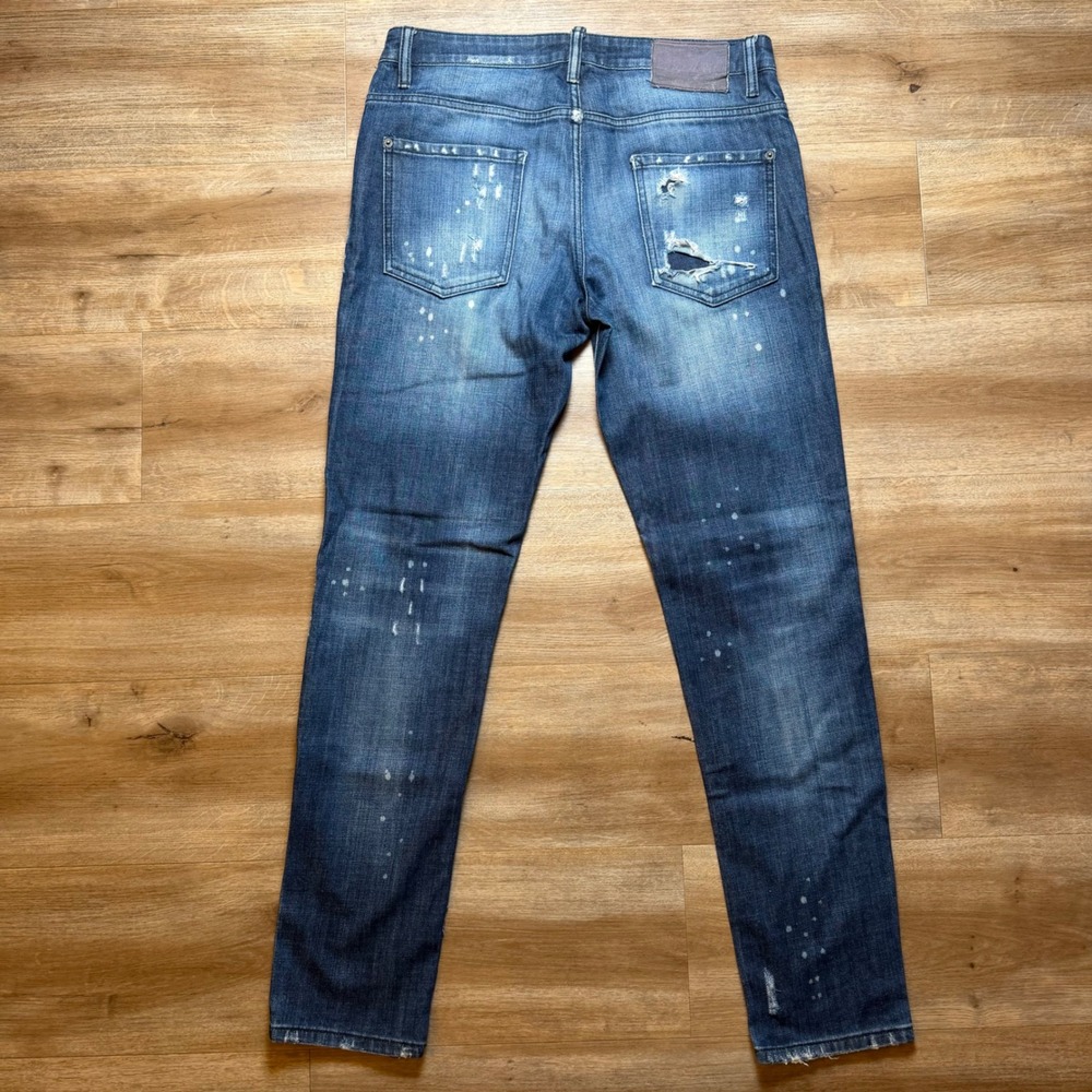 Dsquared2 Slim Jeans Mens 32 Blue Distressed Paint Splatter Patchwork Made Italy - Picture 3 of 16